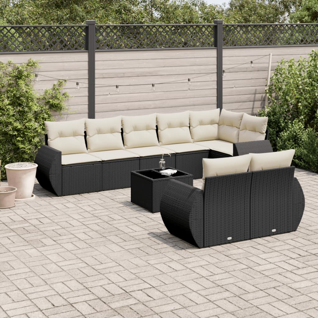 9-tlg. Garten-Sofagarnitur mit Kissen Schwarz Poly Rattan 9-tlg. Garten-Sofagarnitur mit Kissen Schwarz Poly Rattan