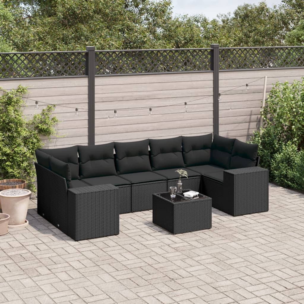 8-tlg. Garten-Sofagarnitur mit Kissen Schwarz Poly Rattan 8-tlg. Garten-Sofagarnitur mit Kissen Schwarz Poly Rattan
