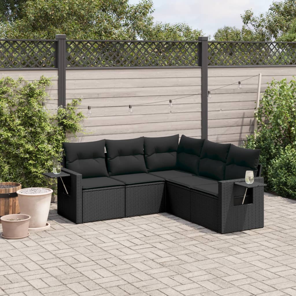 5-tlg. Garten-Sofagarnitur mit Kissen Schwarz Poly Rattan 5-tlg. Garten-Sofagarnitur mit Kissen Schwarz Poly Rattan
