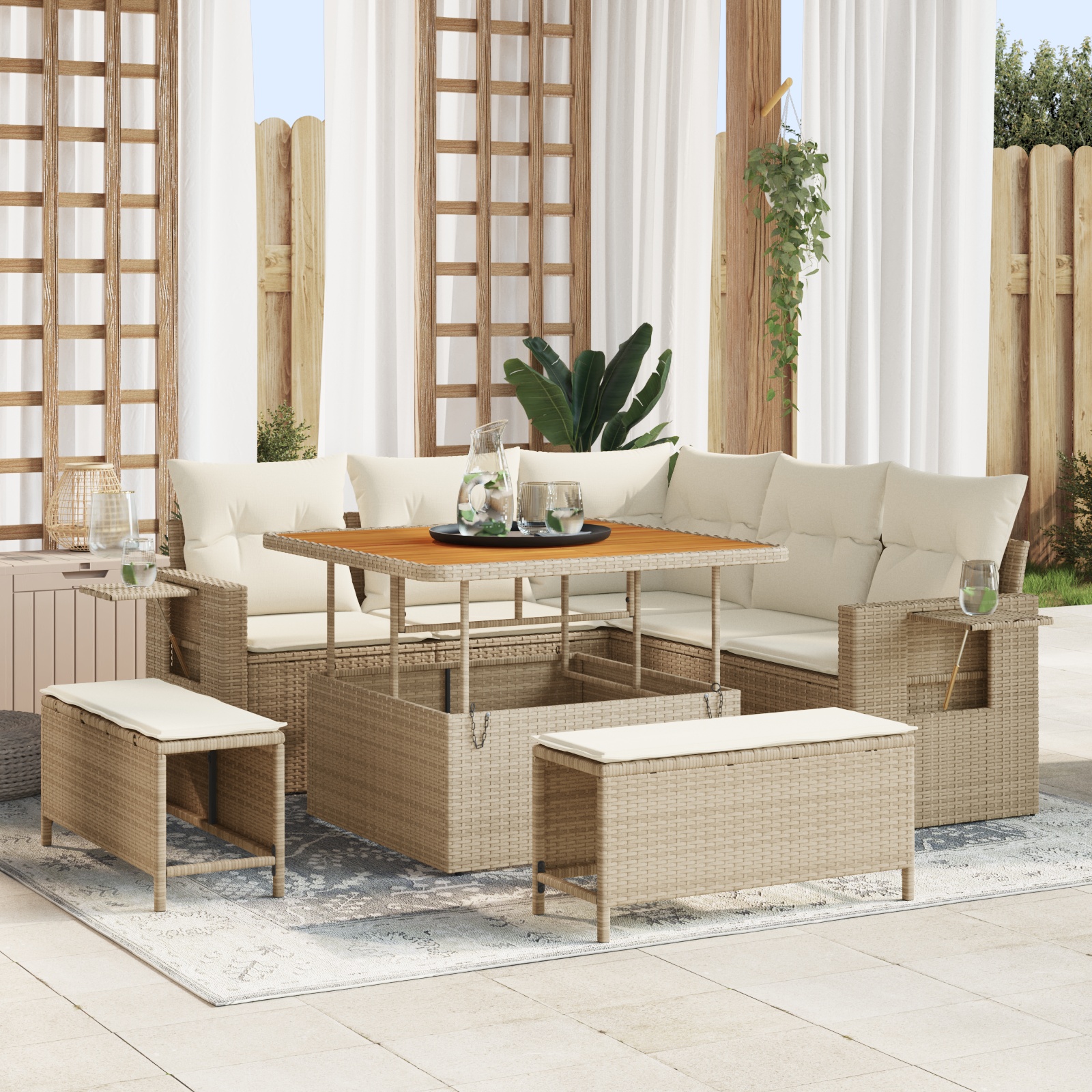 8-tlg. Garten-Sofagarnitur mit Kissen Beige Poly Rattan Akazie 8-tlg. Garten-Sofagarnitur mit Kissen Beige Poly Rattan Akazie