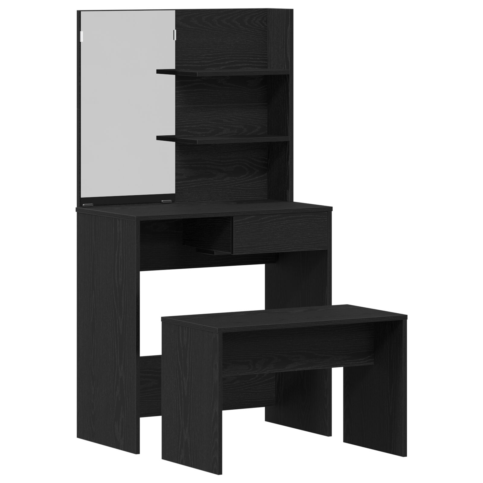 Schminktischset aus schwarzem Eichenholz - Holzwerkstoff, Schminktisch aus schwarzem Eichenholz mit Spiegel - 74,5 x 40 x 141 cm, Schminkhocker aus schwarzem Eichenholz 70x35x45 cm Holzwerkstoff Schminktischset aus schwarzem Eichenholz - Holzwerkstoff, Schminktisch aus schwarzem Eichenholz mit Spiegel - 74,5 x 40 x 141 cm, Schminkhocker aus schwarzem Eichenholz 70x35x45 cm Holzwerkstoff