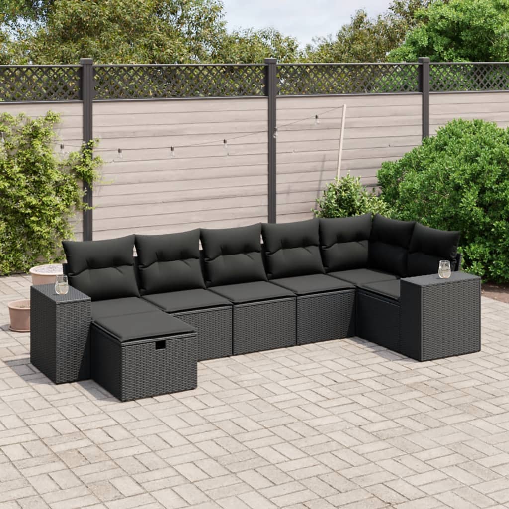 7-tlg. Garten-Sofagarnitur mit Kissen Schwarz Poly Rattan 7-tlg. Garten-Sofagarnitur mit Kissen Schwarz Poly Rattan