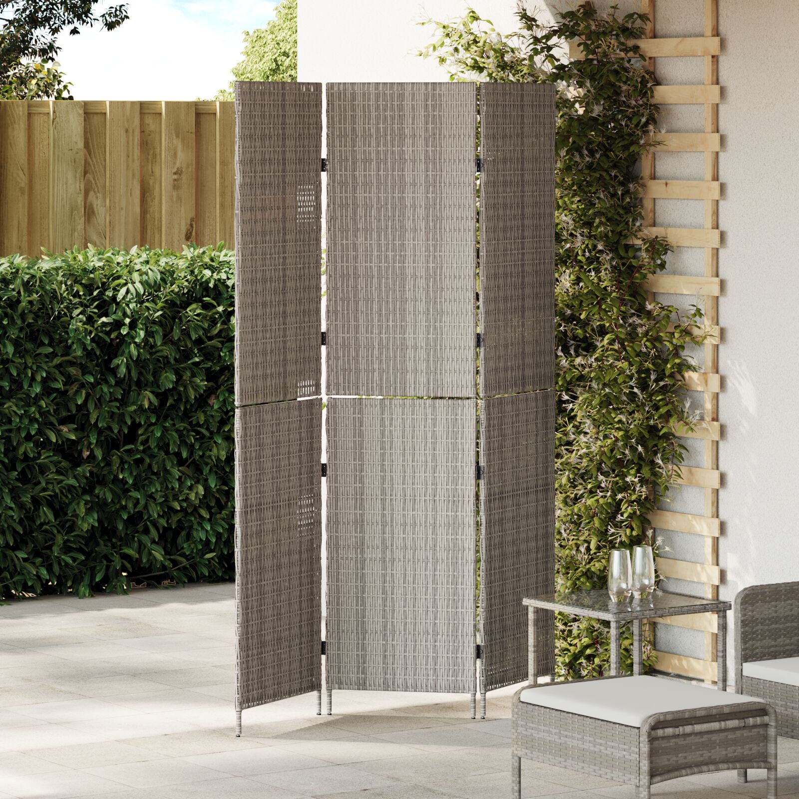 Raumteiler 3 Panels Faltbar Grau 147x180 cm Poly Rattan Raumteiler 3 Panels Faltbar Grau 147x180 cm Poly Rattan
