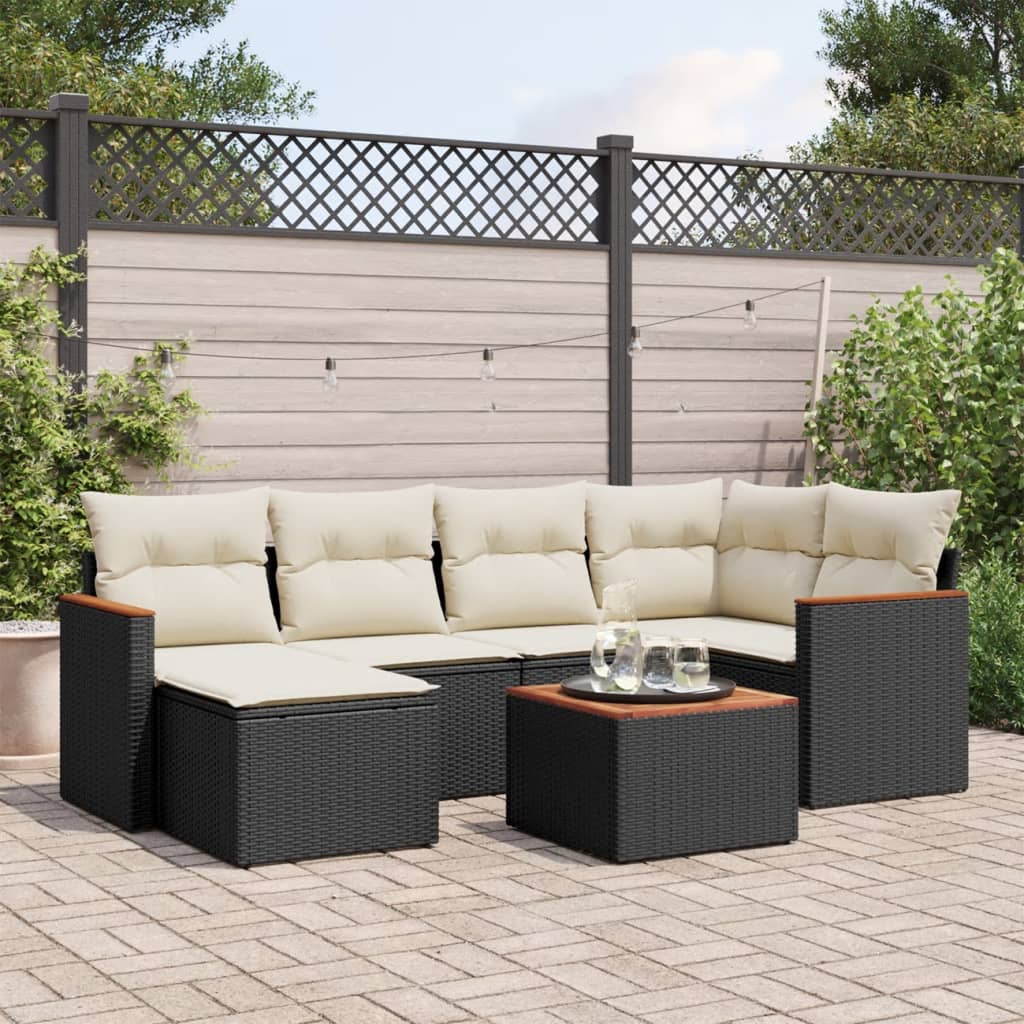 7-tlg. Garten-Sofagarnitur mit Kissen Schwarz Poly Rattan 7-tlg. Garten-Sofagarnitur mit Kissen Schwarz Poly Rattan