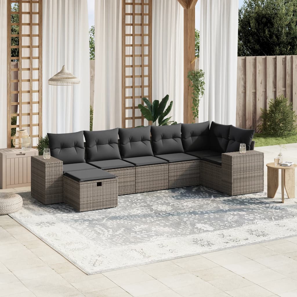 7-tlg. Garten-Sofagarnitur mit Kissen Grau Poly Rattan 7-tlg. Garten-Sofagarnitur mit Kissen Grau Poly Rattan