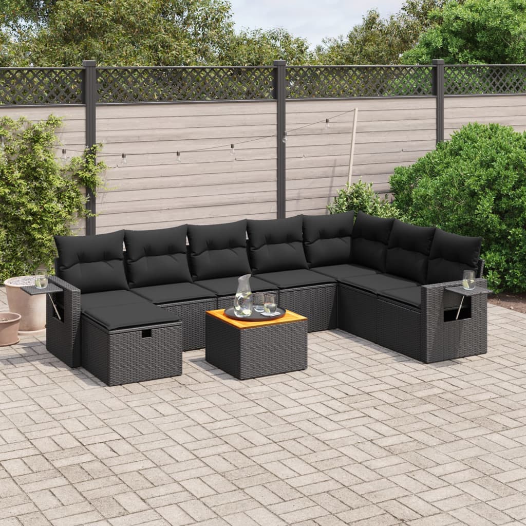 9-tlg. Garten-Sofagarnitur mit Kissen Schwarz Poly Rattan 9-tlg. Garten-Sofagarnitur mit Kissen Schwarz Poly Rattan