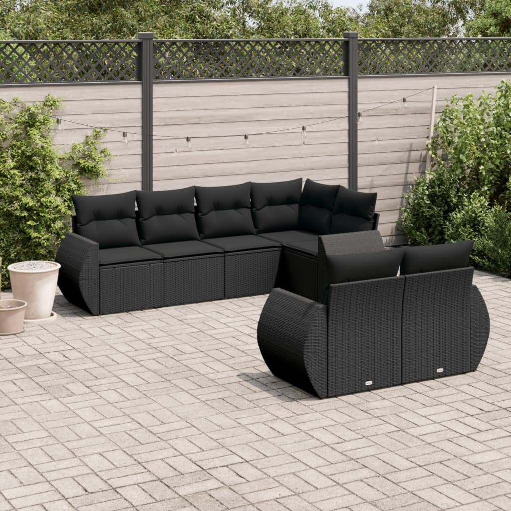 7-tlg. Garten-Sofagarnitur mit Kissen Schwarz Poly Rattan 7-tlg. Garten-Sofagarnitur mit Kissen Schwarz Poly Rattan