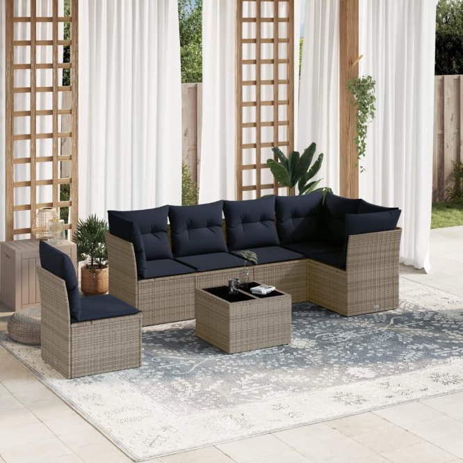 7-teiliges Gartensofa-Set mit Kissen, grau, Polyrattan 7-teiliges Gartensofa-Set mit Kissen, grau, Polyrattan
