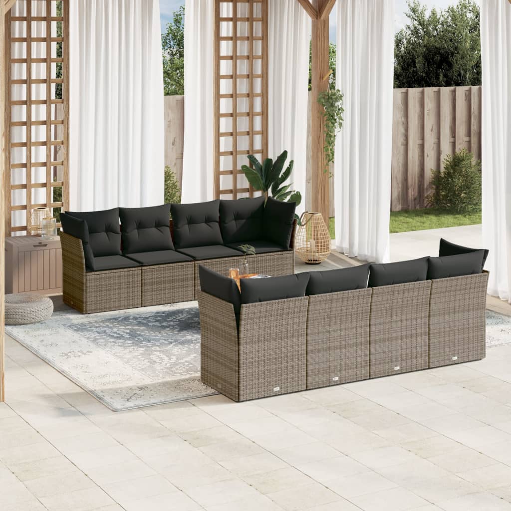 9-tlg. Garten-Sofagarnitur mit Kissen Grau Poly Rattan 9-tlg. Garten-Sofagarnitur mit Kissen Grau Poly Rattan