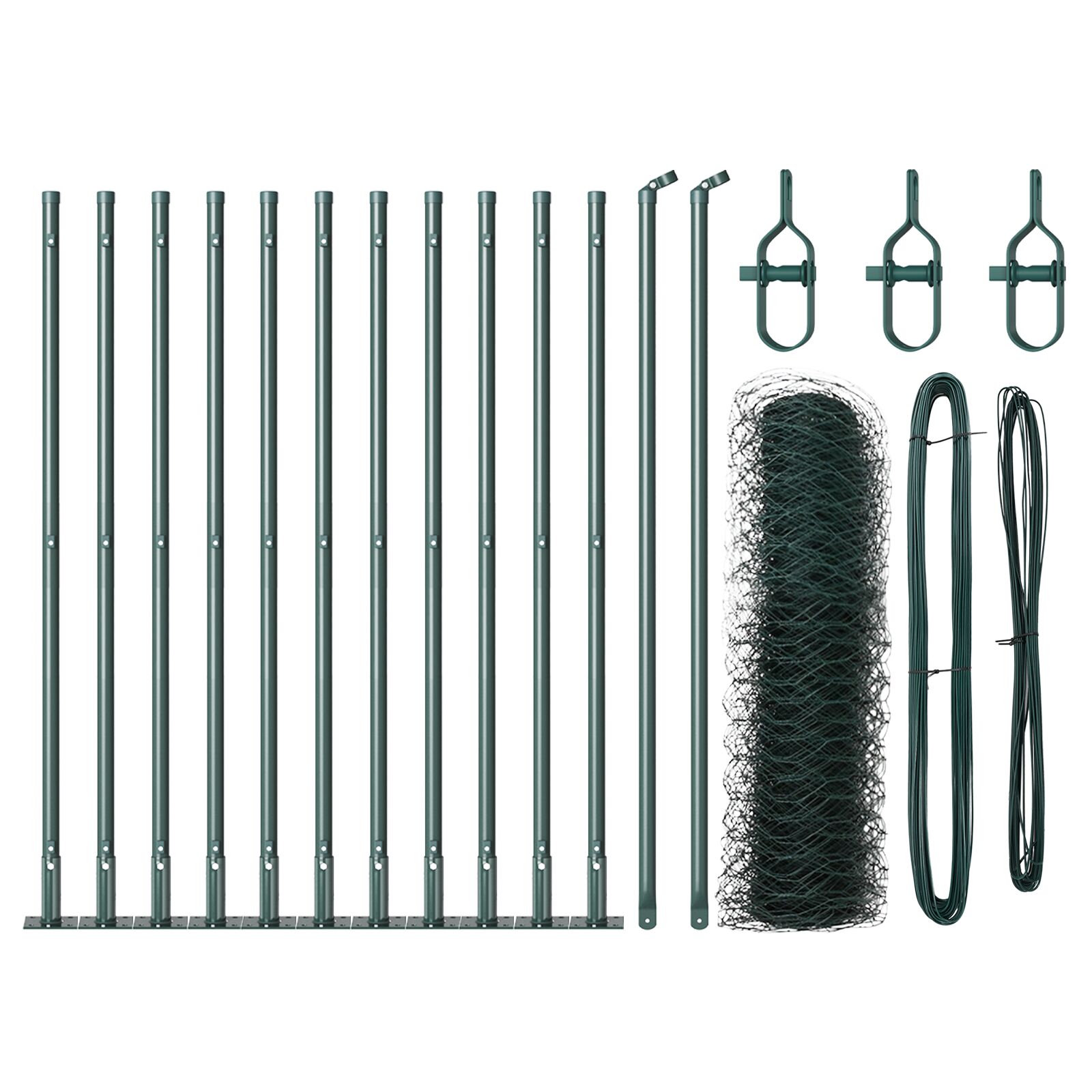 Sechseckzaun Grün 0,4x25 m Stahl, Zaunpfosten mit Bodenplatten 13 Stück Ø32mm 50cm verzinkter Stahl