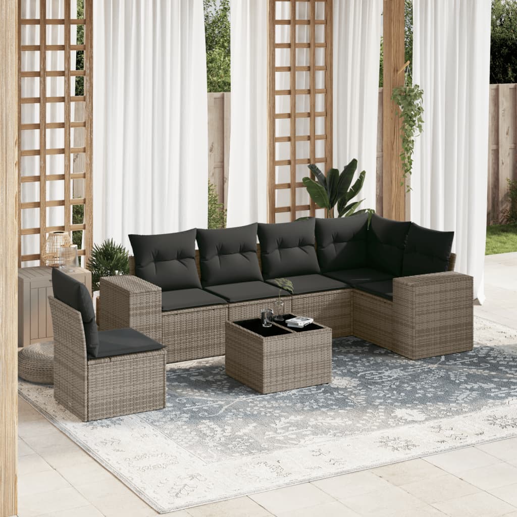 7-tlg. Garten-Sofagarnitur mit Kissen Grau Poly Rattan 7-tlg. Garten-Sofagarnitur mit Kissen Grau Poly Rattan