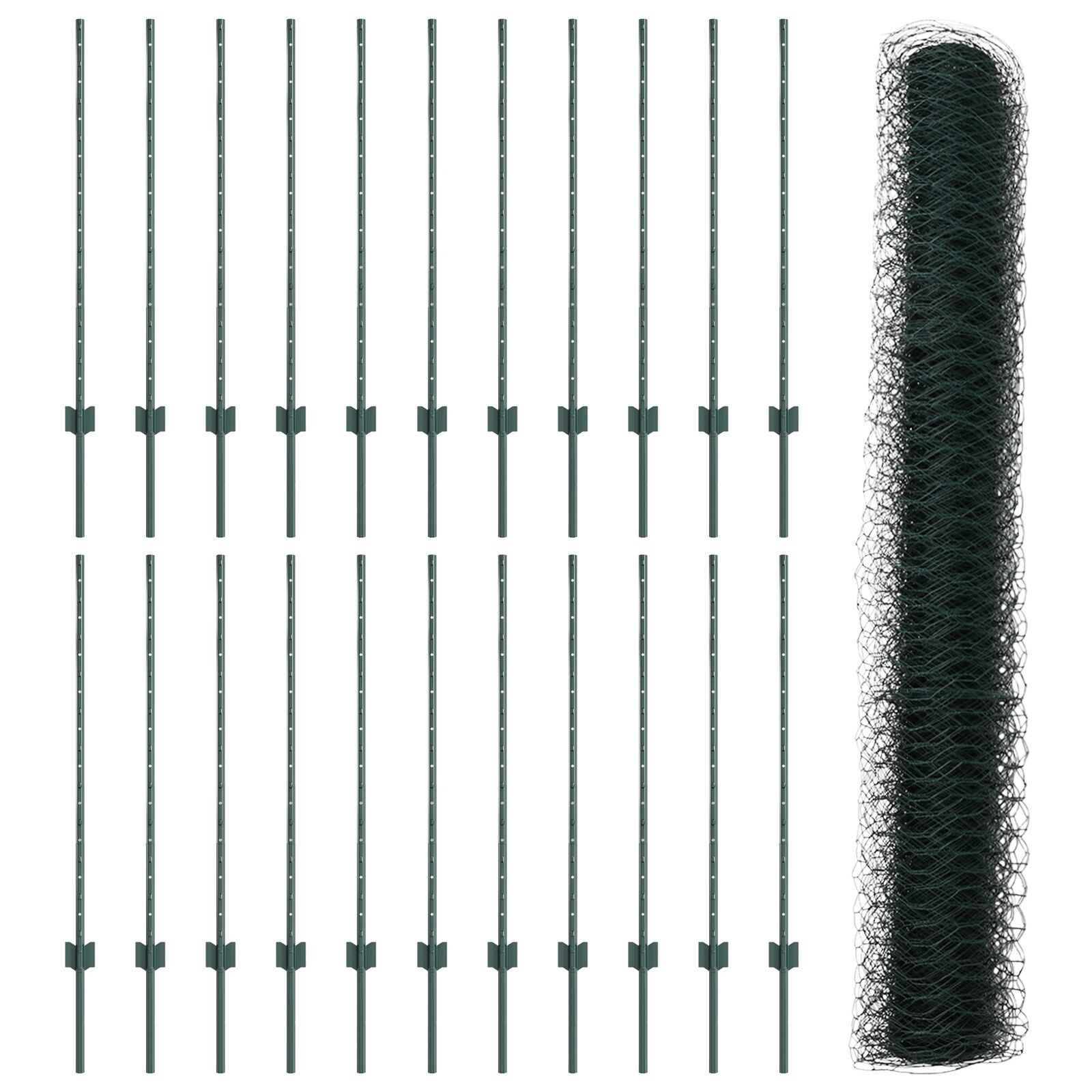 Zaunpfosten 11 Stk U-Kanal Grün 100 cm Stahl, Sechseckzaun Grün 1x50 m Stahl