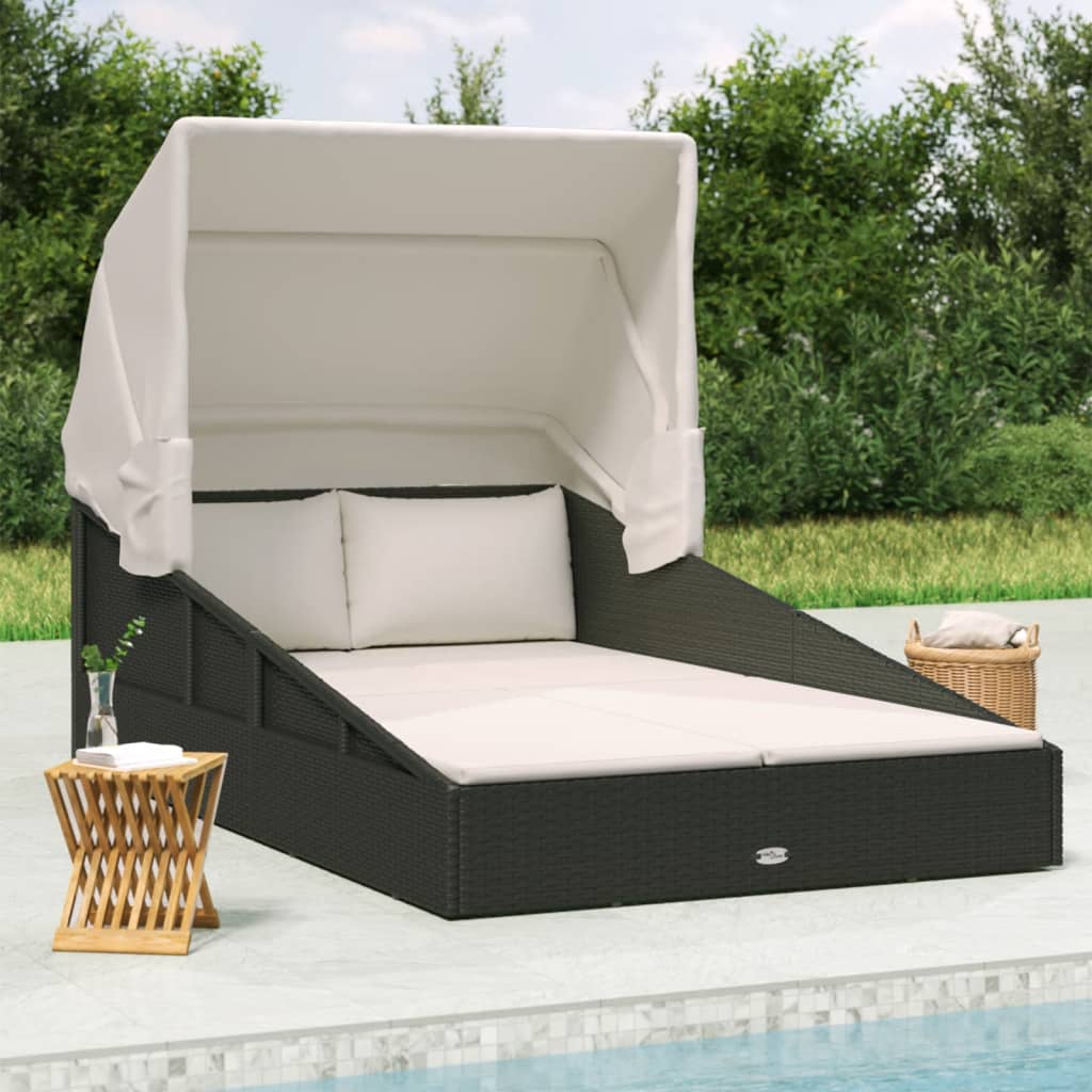 Sonnenliege mit Faltdach Schwarz 200x114x128 cm Poly Rattan Sonnenliege mit Faltdach Schwarz 200x114x128 cm Poly Rattan