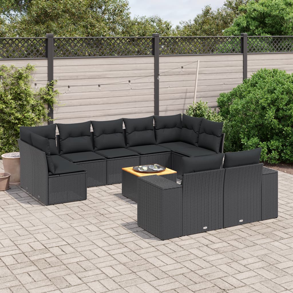 10-tlg. Garten-Sofagarnitur mit Kissen Schwarz Poly Rattan 10-tlg. Garten-Sofagarnitur mit Kissen Schwarz Poly Rattan