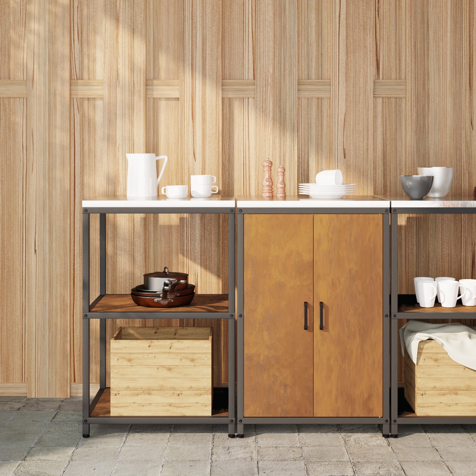 Küchenlager-Set mit Regal mit Speicher mit Tür Verstellbar 2 pcs Rostig 120 x 50 x 92 cm