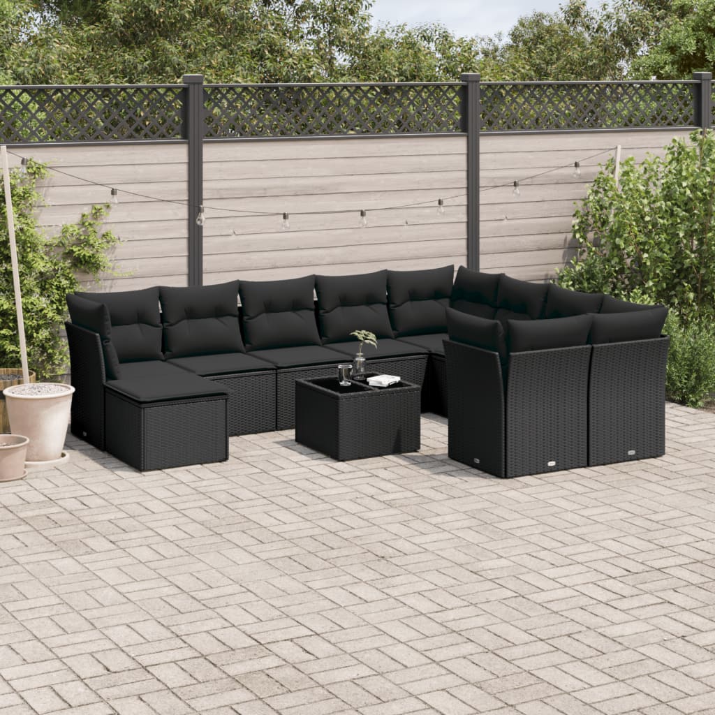 10-tlg. Garten-Sofagarnitur mit Kissen Schwarz Poly Rattan 10-tlg. Garten-Sofagarnitur mit Kissen Schwarz Poly Rattan