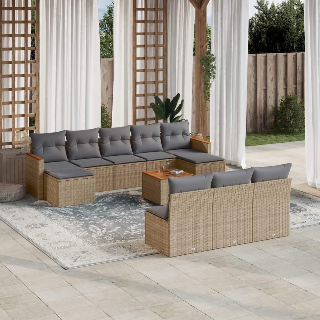 11-tlg. Garten-Sofagarnitur mit Kissen Beige Poly Rattan 11-tlg. Garten-Sofagarnitur mit Kissen Beige Poly Rattan