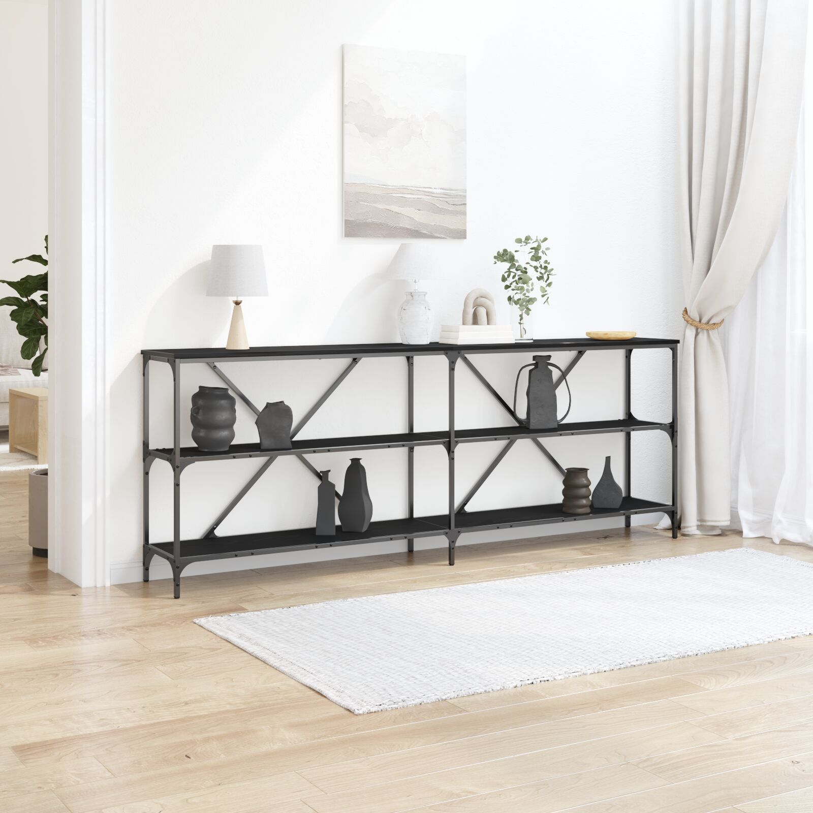 vidaXL Konsolentisch Schwarz Eiche 200x30x75 cm aus Spanplatte und Stahl