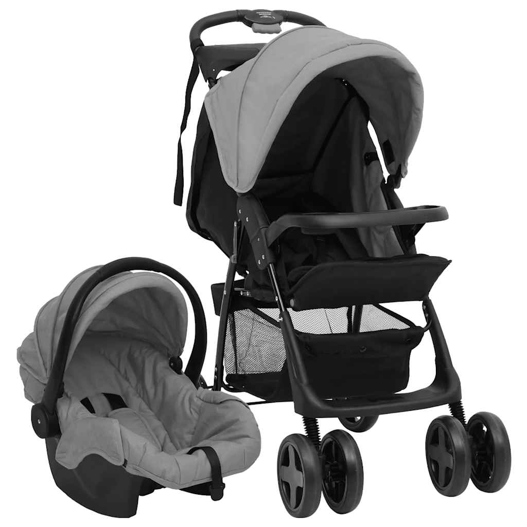 3-in-1 Kinderwagen Hellgrau und Schwarz Stahl 3-in-1 Kinderwagen Hellgrau und Schwarz Stahl