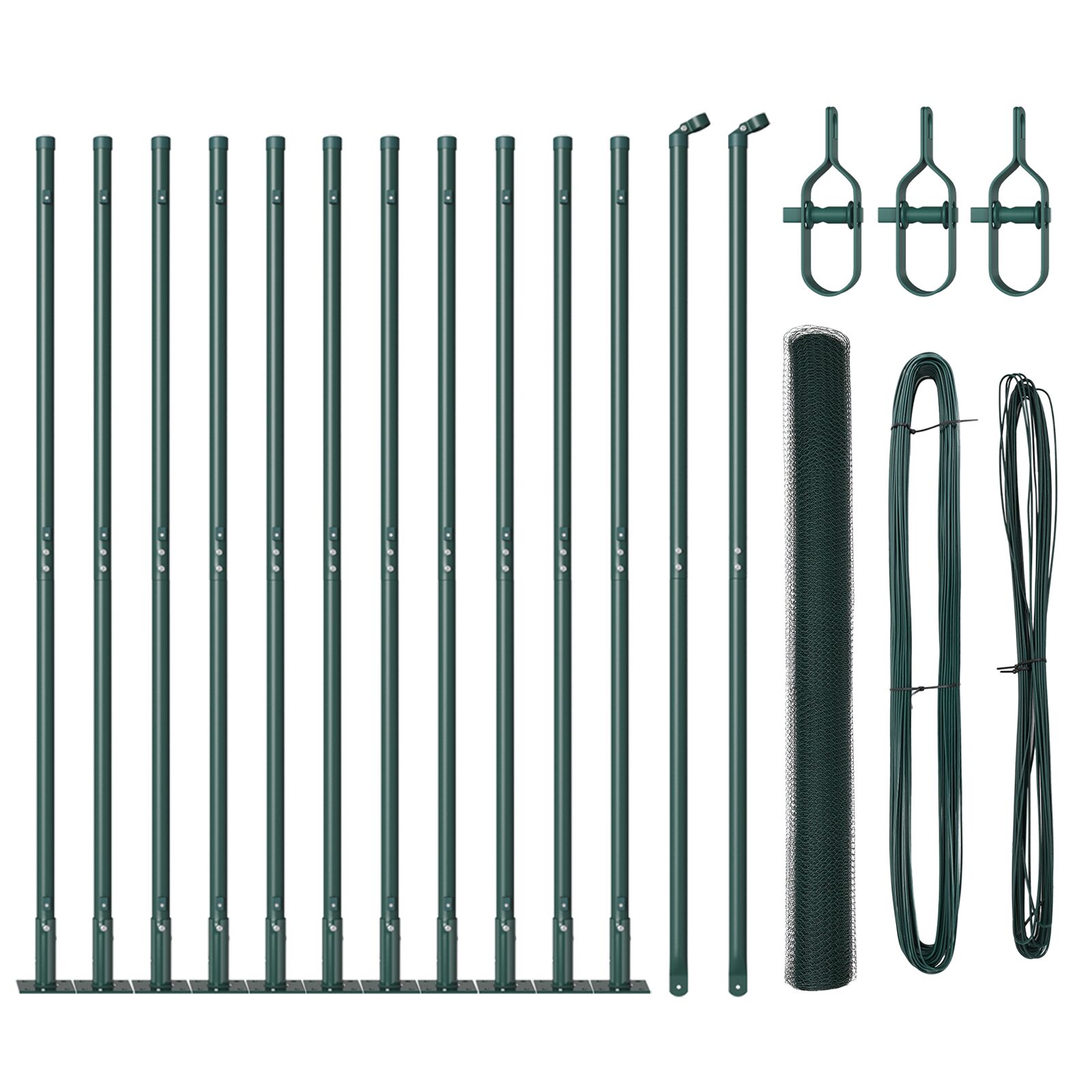 Sechseckzaun Grün 1,4x25 m Stahl, Zaunpfosten mit Bodenplatten 13 Stück Ø32mm 78,5cm verzinkter Stahl