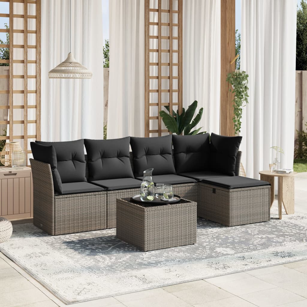 6-tlg. Garten-Sofagarnitur mit Kissen Grau Poly Rattan 6-tlg. Garten-Sofagarnitur mit Kissen Grau Poly Rattan