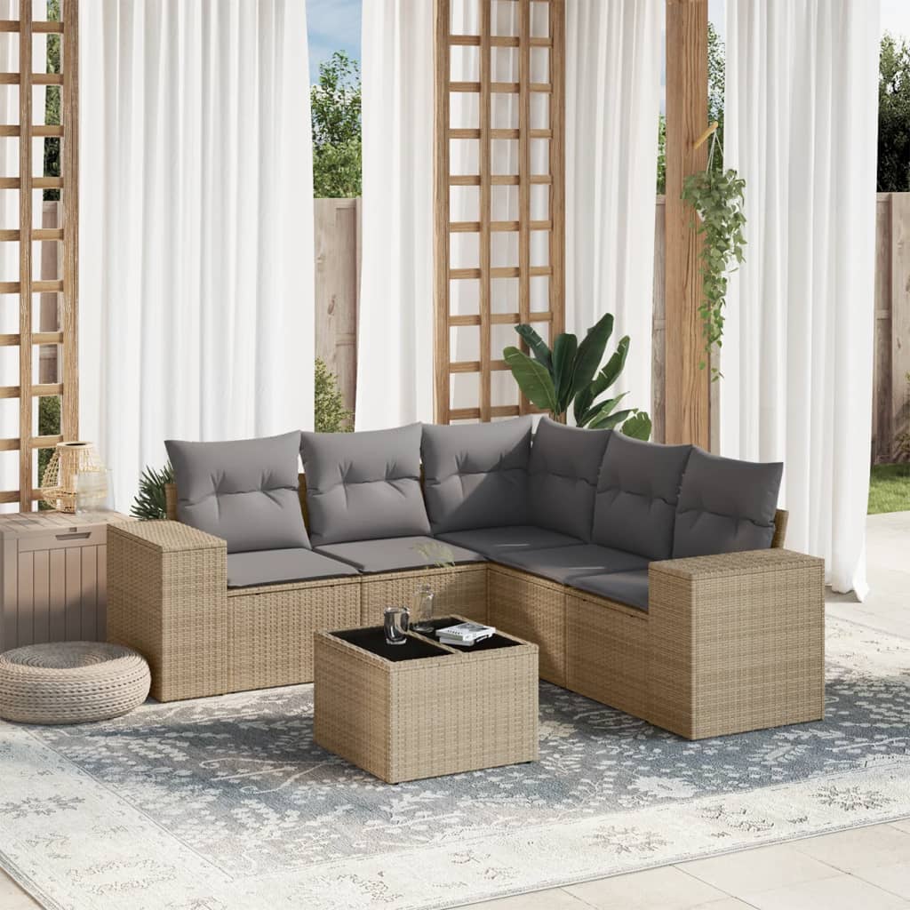 6-tlg. Garten-Sofagarnitur mit Kissen Beige Poly Rattan 6-tlg. Garten-Sofagarnitur mit Kissen Beige Poly Rattan