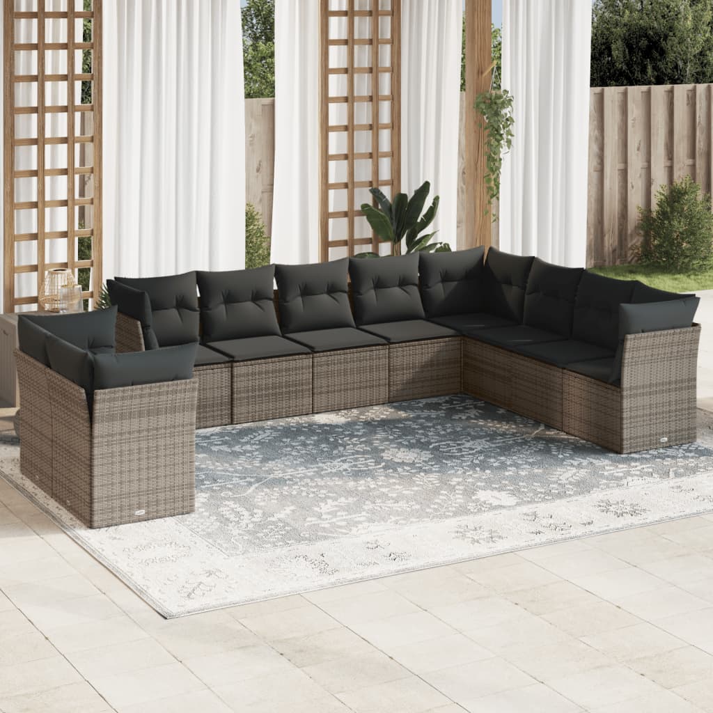 10-tlg. Garten-Sofagarnitur mit Kissen Grau Poly Rattan 10-tlg. Garten-Sofagarnitur mit Kissen Grau Poly Rattan