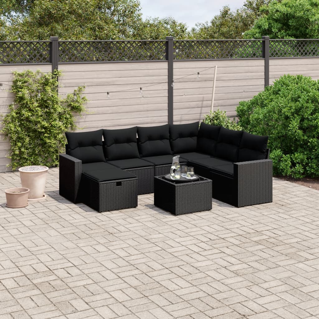 8-tlg. Garten-Sofagarnitur mit Kissen Schwarz Poly Rattan 8-tlg. Garten-Sofagarnitur mit Kissen Schwarz Poly Rattan