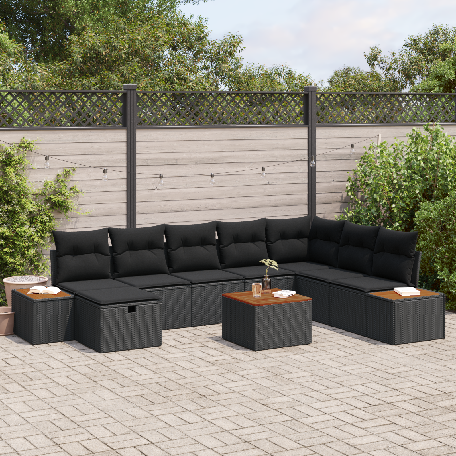 9-teiliges Garten Sofa Set mit Kissen Schwarz Poly Rattan 9-teiliges Garten Sofa Set mit Kissen Schwarz Poly Rattan