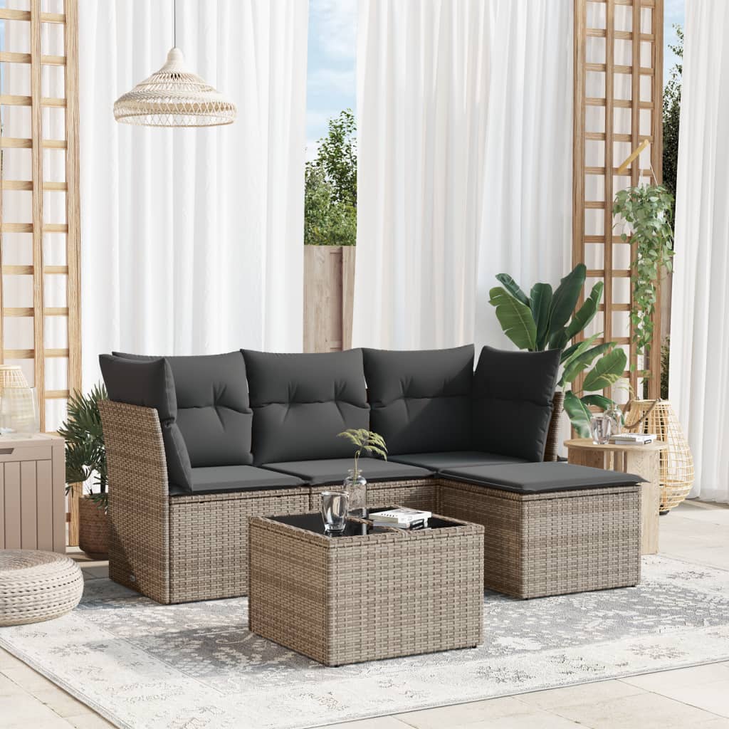 5-tlg. Garten-Sofagarnitur mit Kissen Grau Poly Rattan 5-tlg. Garten-Sofagarnitur mit Kissen Grau Poly Rattan