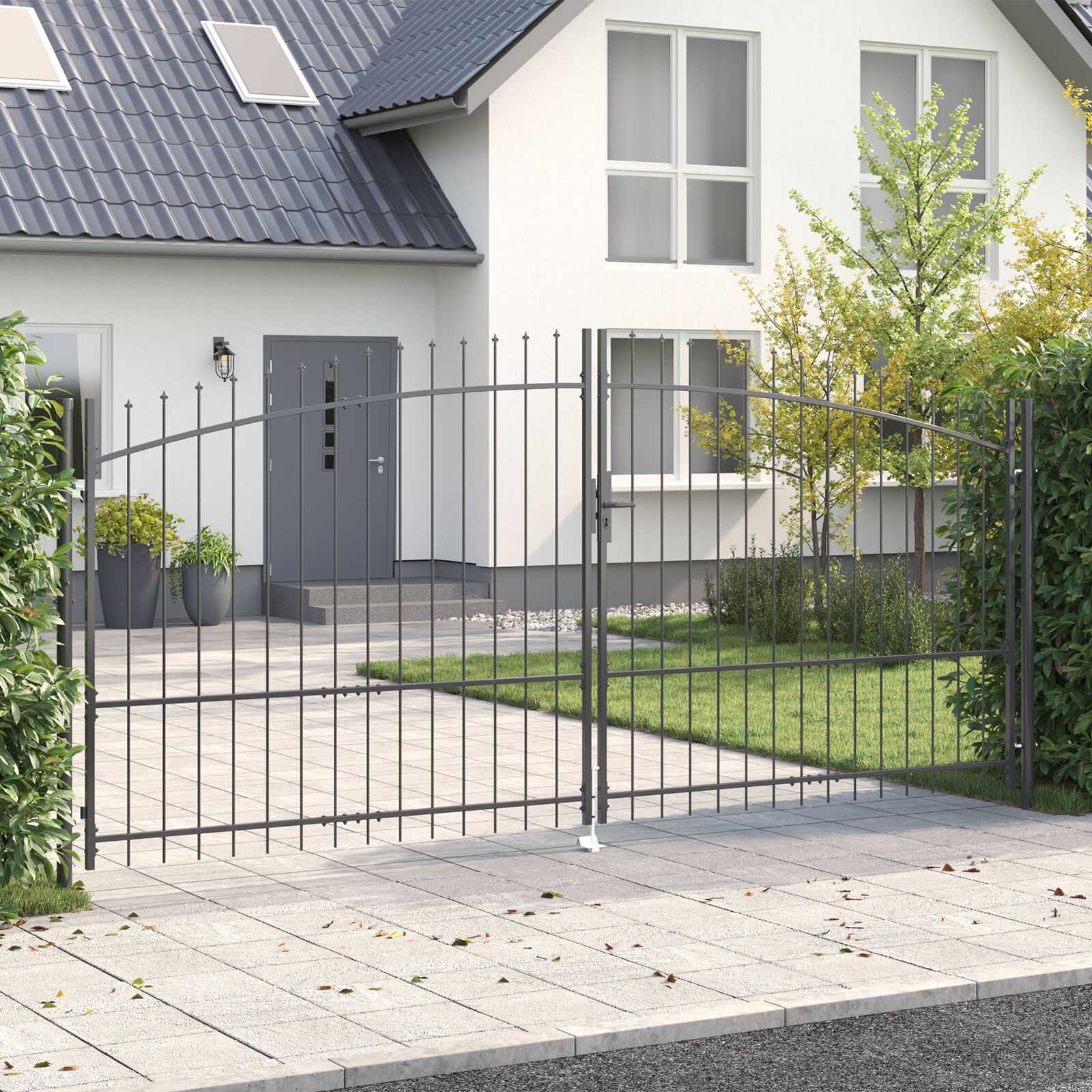 Gartentor mit Spear Top Doppelt schwenkbar Grau 175x400 cm Stahl Gartentor mit Spear Top Doppelt schwenkbar Grau 175x400 cm Stahl
