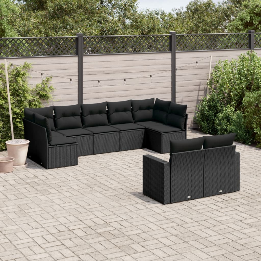 9-tlg. Garten-Sofagarnitur mit Kissen Schwarz Poly Rattan 9-tlg. Garten-Sofagarnitur mit Kissen Schwarz Poly Rattan