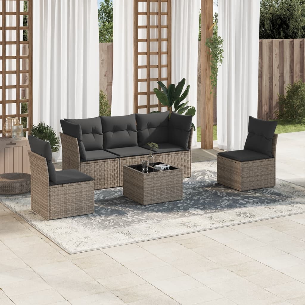 6-tlg. Garten-Sofagarnitur mit Kissen Grau Poly Rattan 6-tlg. Garten-Sofagarnitur mit Kissen Grau Poly Rattan