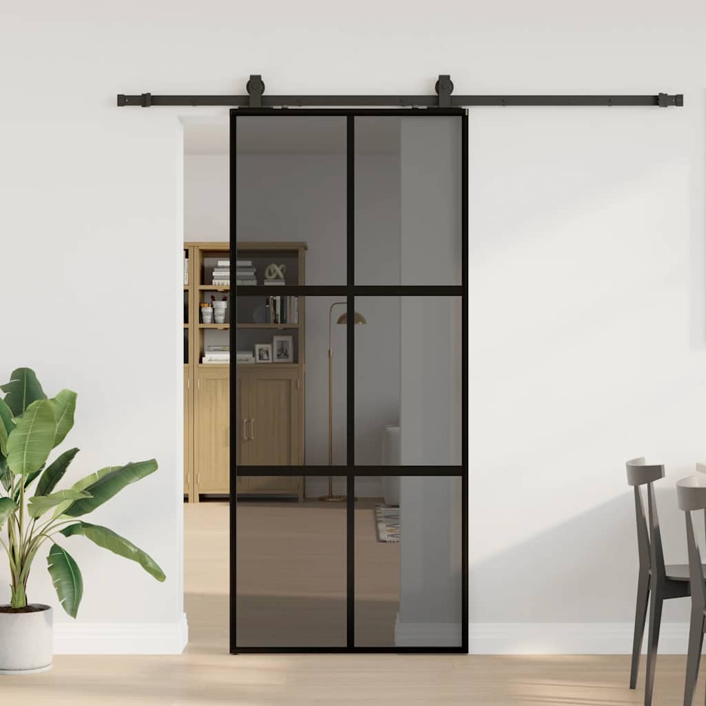 Schiebetür mit Beschlag Schwarz 90x205 cm Hartglas