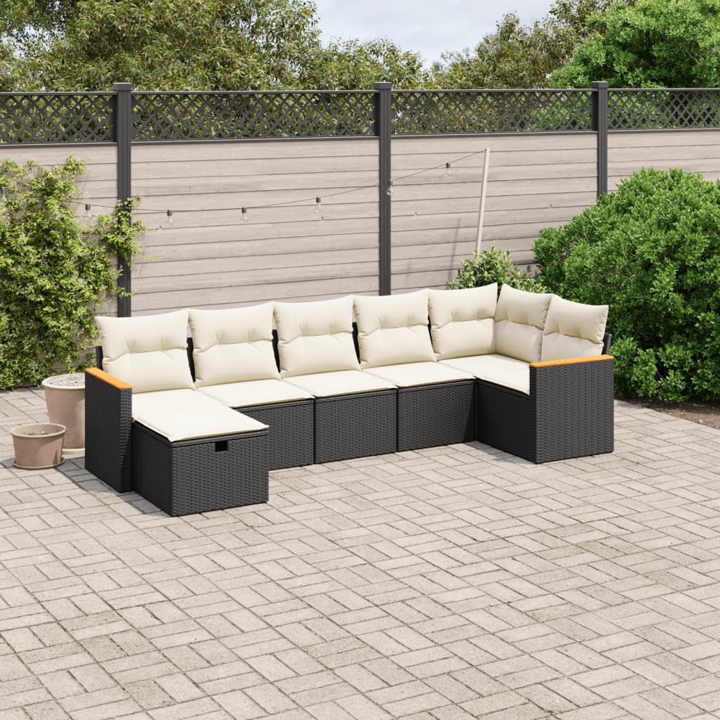7-tlg. Garten-Sofagarnitur mit Kissen Schwarz Poly Rattan 7-tlg. Garten-Sofagarnitur mit Kissen Schwarz Poly Rattan