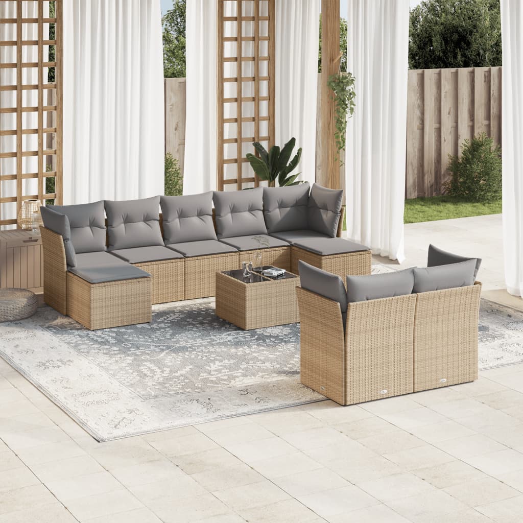 10-tlg. Garten-Sofagarnitur mit Kissen Beige Poly Rattan 10-tlg. Garten-Sofagarnitur mit Kissen Beige Poly Rattan
