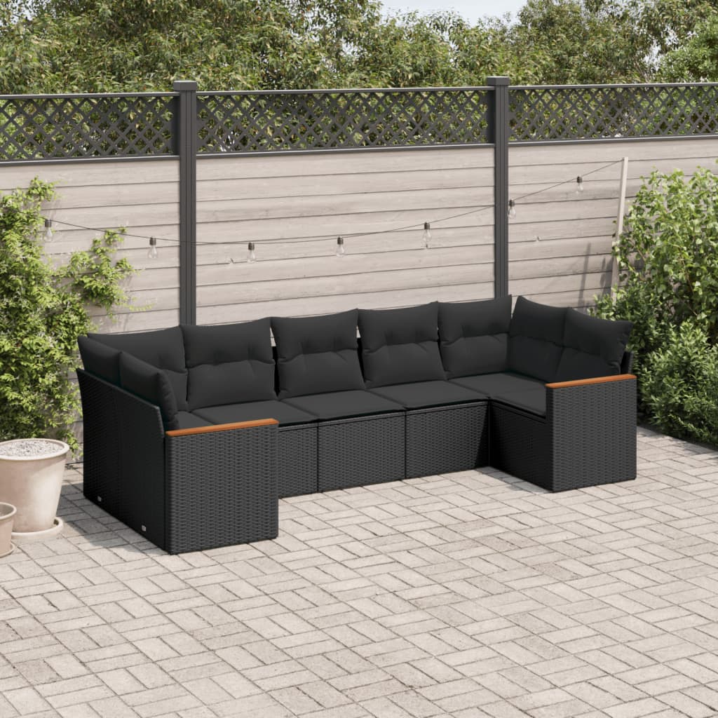 7-tlg. Garten-Sofagarnitur mit Kissen Schwarz Poly Rattan 7-tlg. Garten-Sofagarnitur mit Kissen Schwarz Poly Rattan