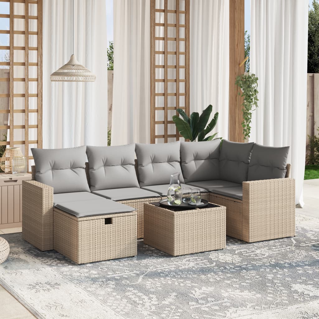 7-tlg. Garten-Sofagarnitur mit Kissen Beige Poly Rattan 7-tlg. Garten-Sofagarnitur mit Kissen Beige Poly Rattan