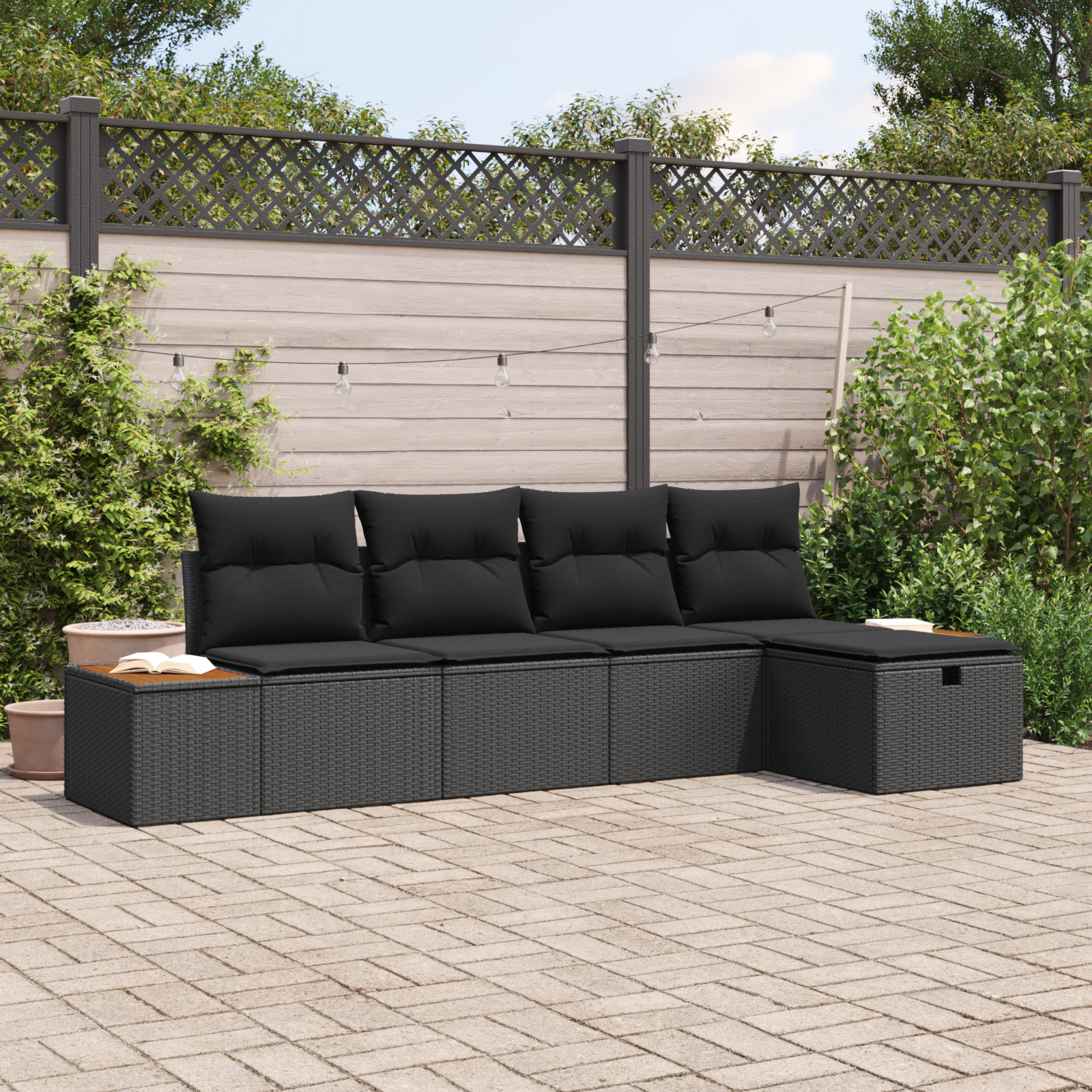 5-teiliges Garten Sofa Set mit Kissen Schwarz Poly-Rattan 5-teiliges Garten Sofa Set mit Kissen Schwarz Poly-Rattan