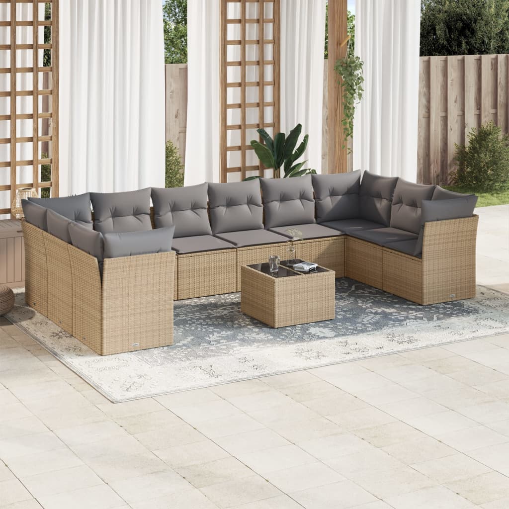 11-tlg. Garten-Sofagarnitur mit Kissen Beige Poly Rattan 11-tlg. Garten-Sofagarnitur mit Kissen Beige Poly Rattan
