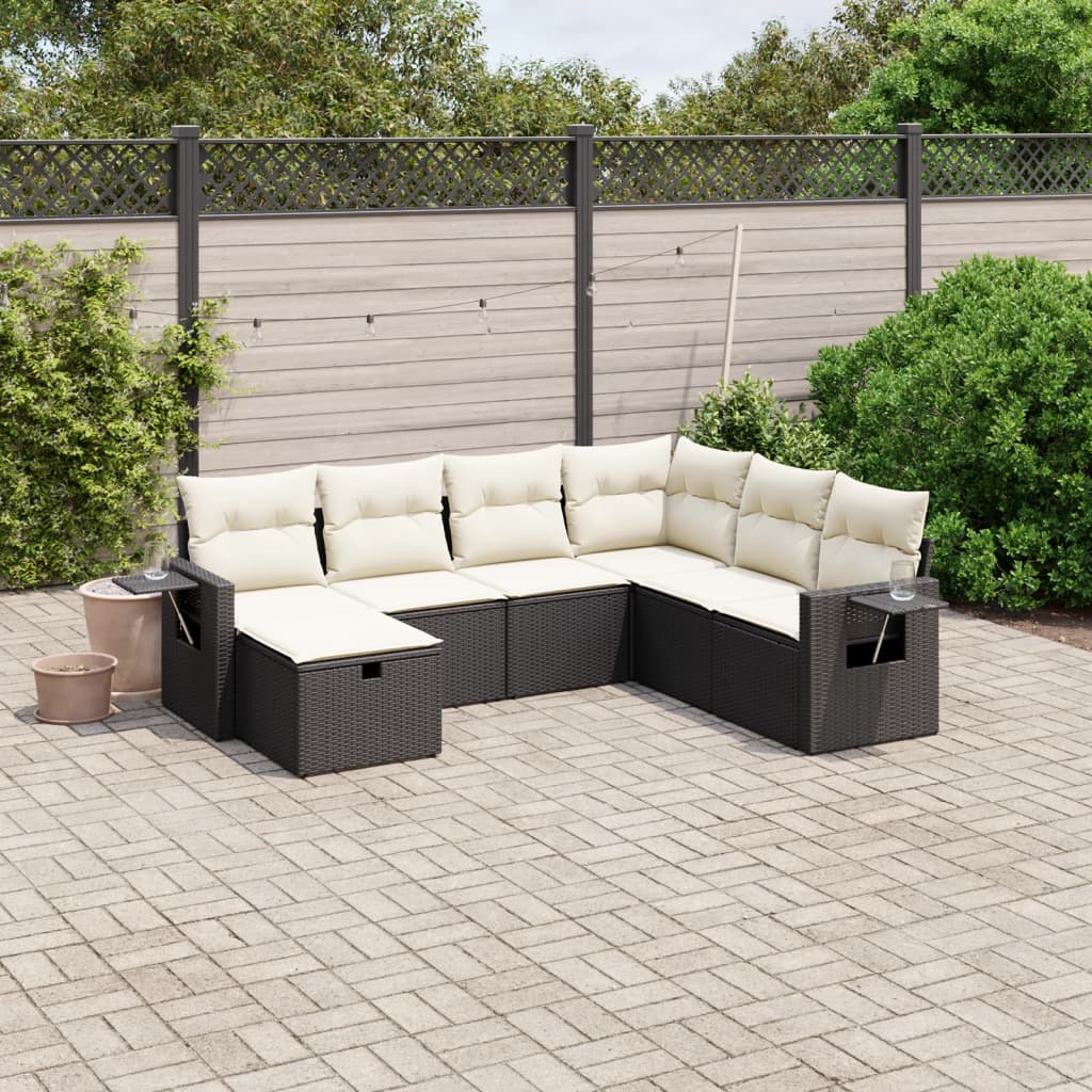 7-tlg. Garten-Sofagarnitur mit Kissen Schwarz Poly Rattan 7-tlg. Garten-Sofagarnitur mit Kissen Schwarz Poly Rattan