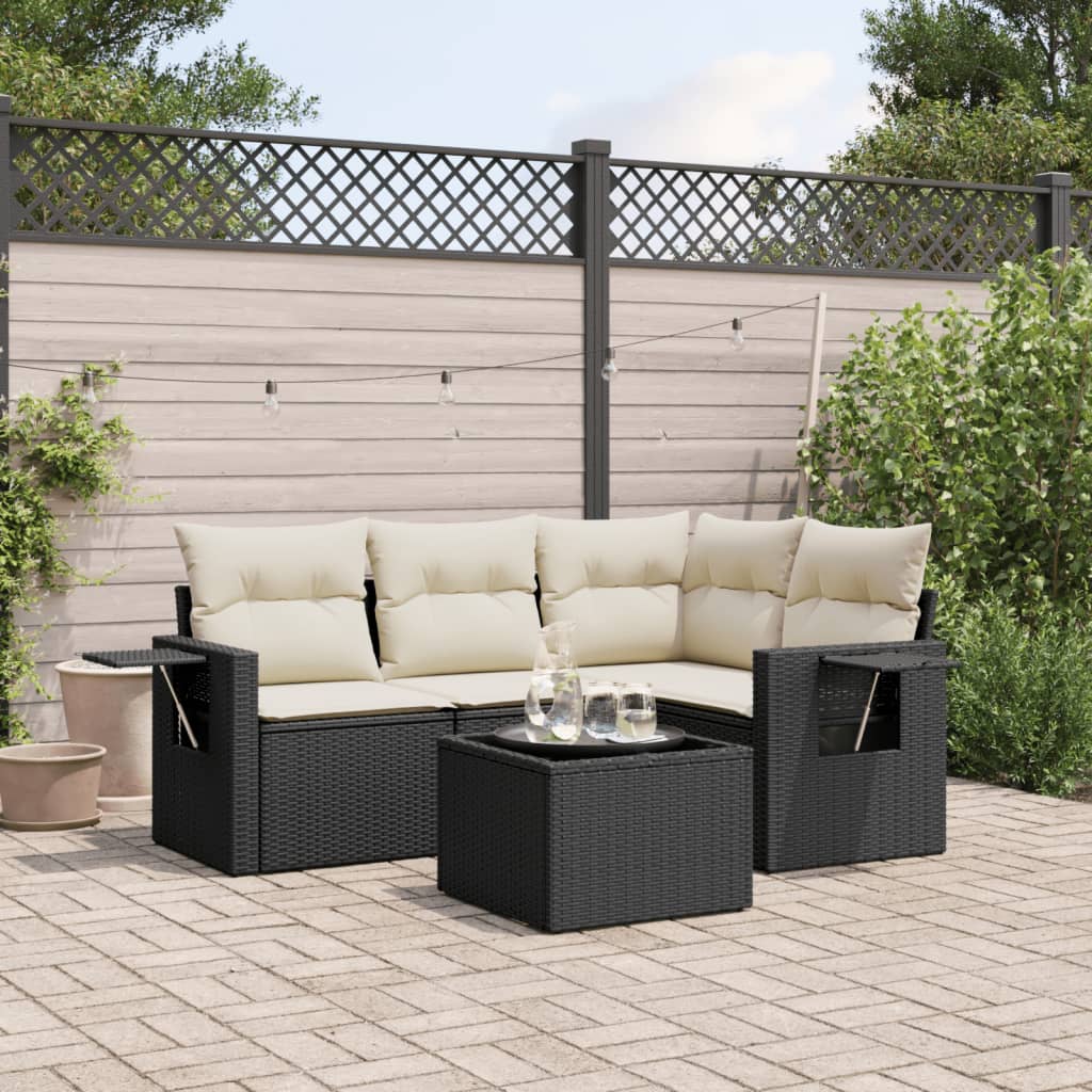 5-tlg. Garten-Sofagarnitur mit Kissen Schwarz Poly Rattan 5-tlg. Garten-Sofagarnitur mit Kissen Schwarz Poly Rattan