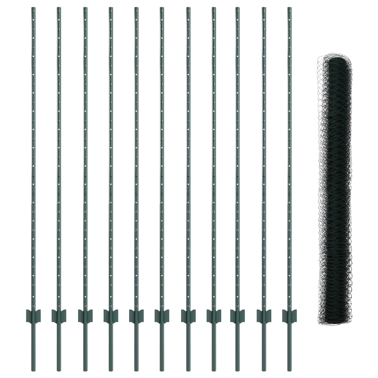 Zaunpfosten 11 Stück U-Kanal Grün 160 cm Stahl, Sechseckzaun Grün 1,6x25 m Stahl