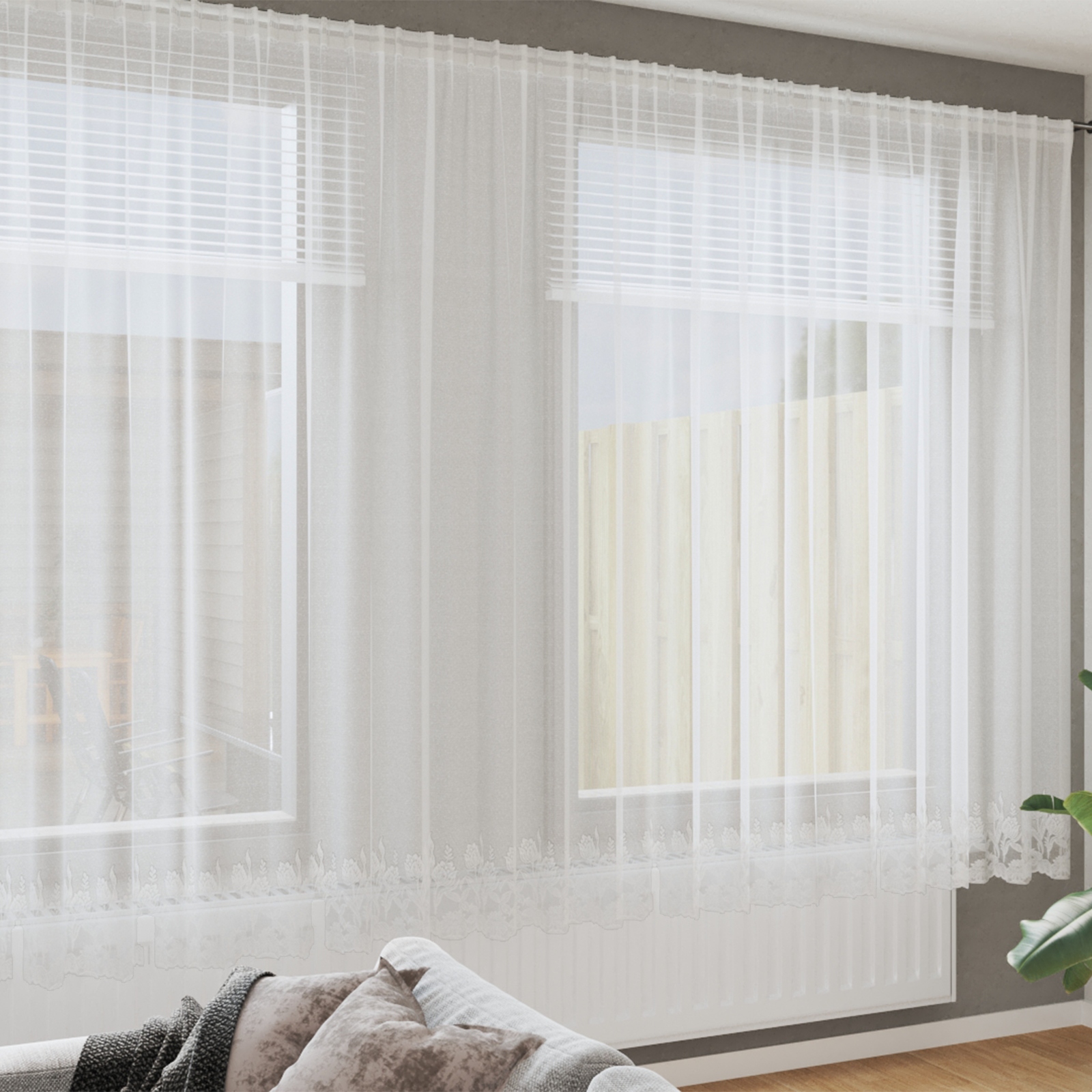 Spitzenvorhang mit Vorhängen Floral Weiß 500 x 245 cm Polyester