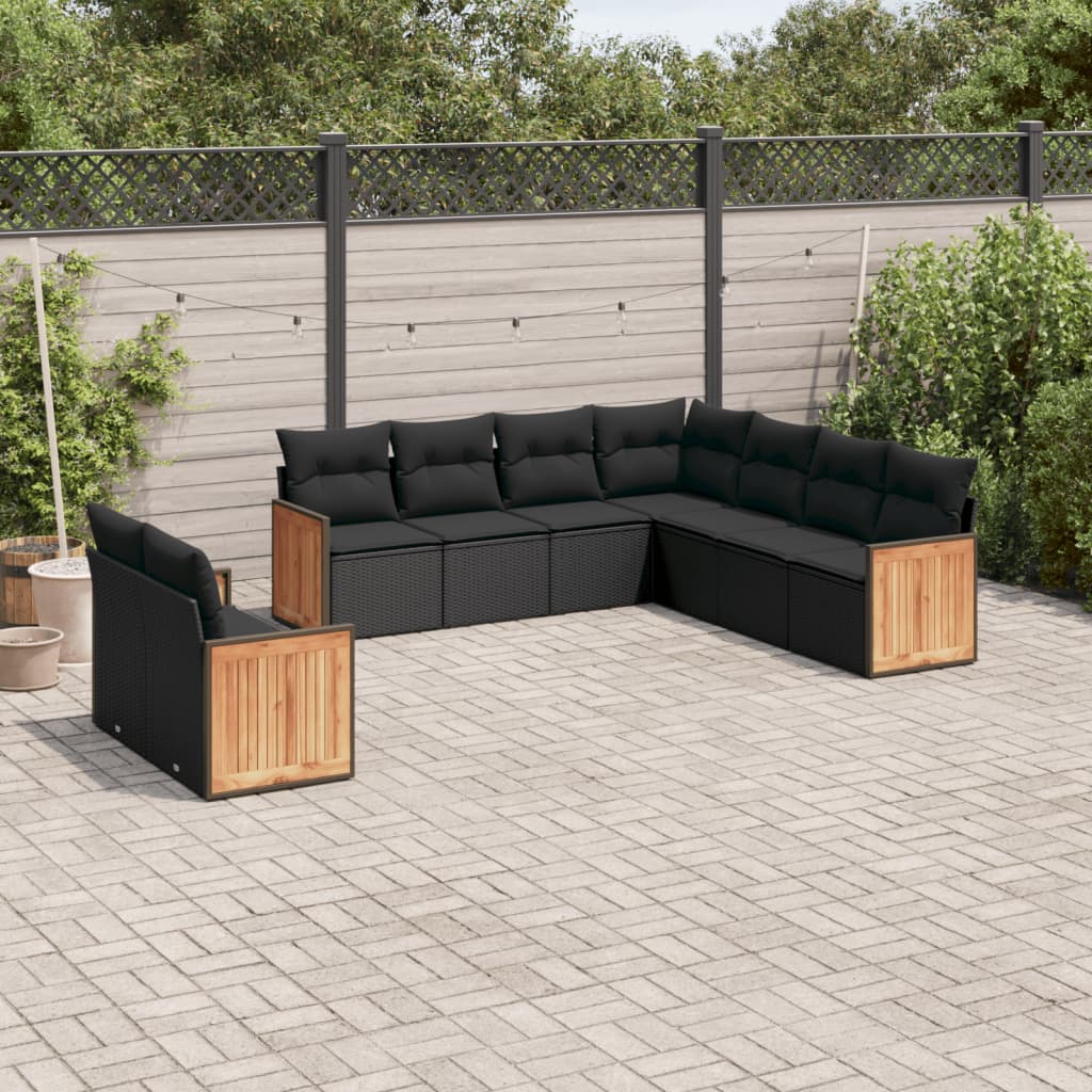 9-tlg. Garten-Sofagarnitur mit Kissen Schwarz Poly Rattan 9-tlg. Garten-Sofagarnitur mit Kissen Schwarz Poly Rattan