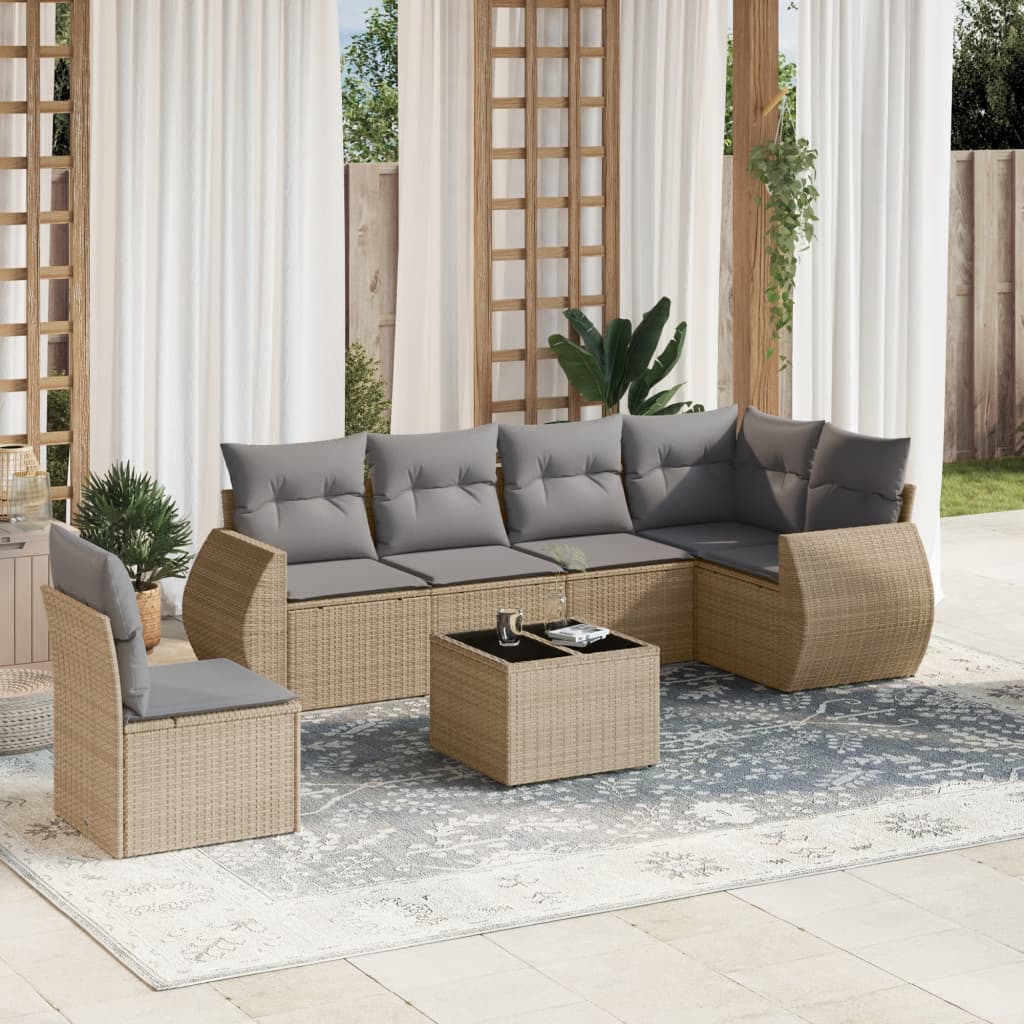 7-tlg. Garten-Sofagarnitur mit Kissen Beige Poly Rattan 7-tlg. Garten-Sofagarnitur mit Kissen Beige Poly Rattan