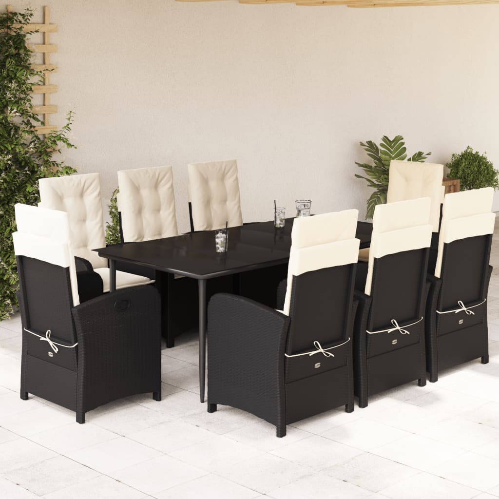 9-tlg. Garten-Essgruppe mit Kissen Schwarz Poly Rattan