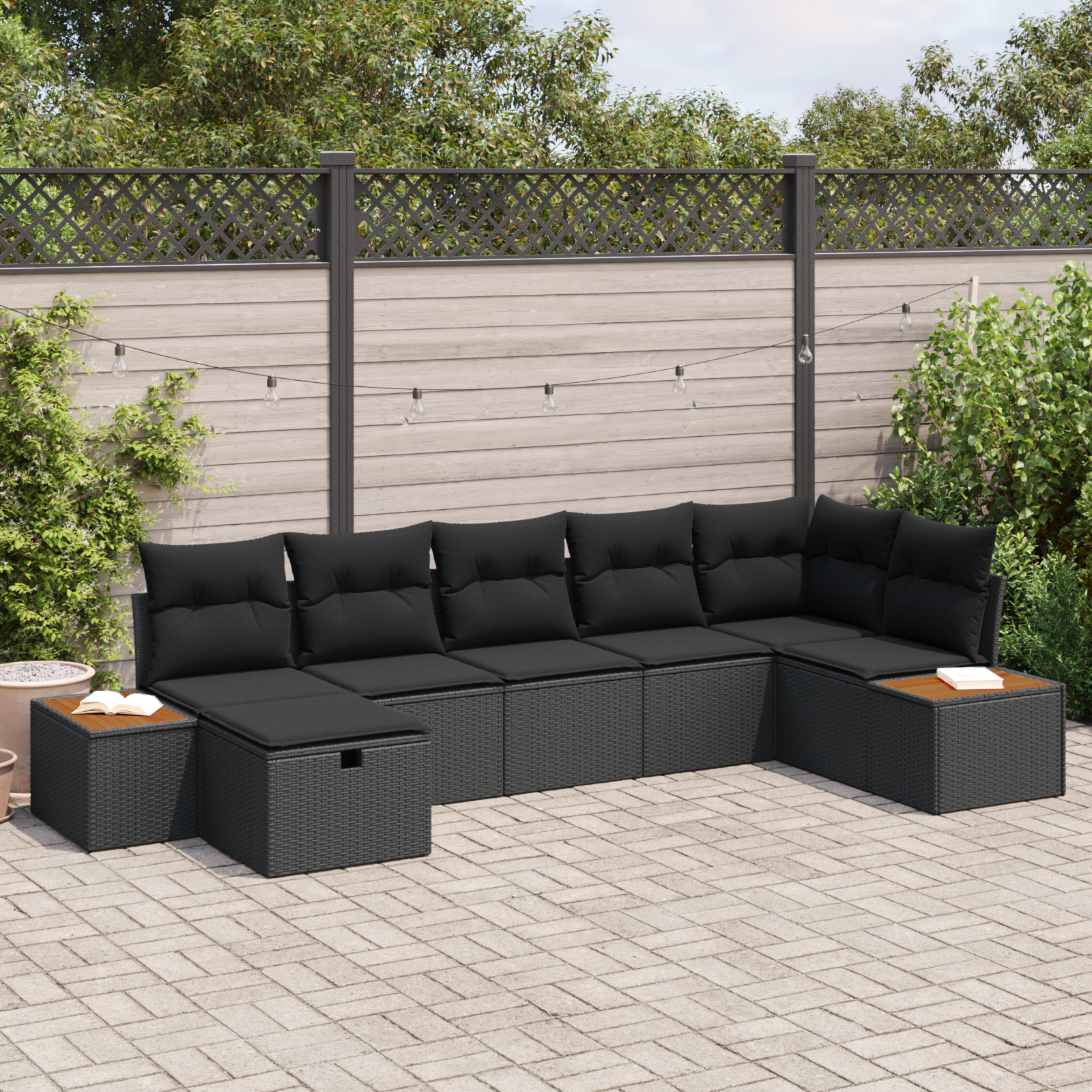 7-teiliges Garten-Sofa-Set mit Kissen Schwarz Poly-Rattan 7-teiliges Garten-Sofa-Set mit Kissen Schwarz Poly-Rattan