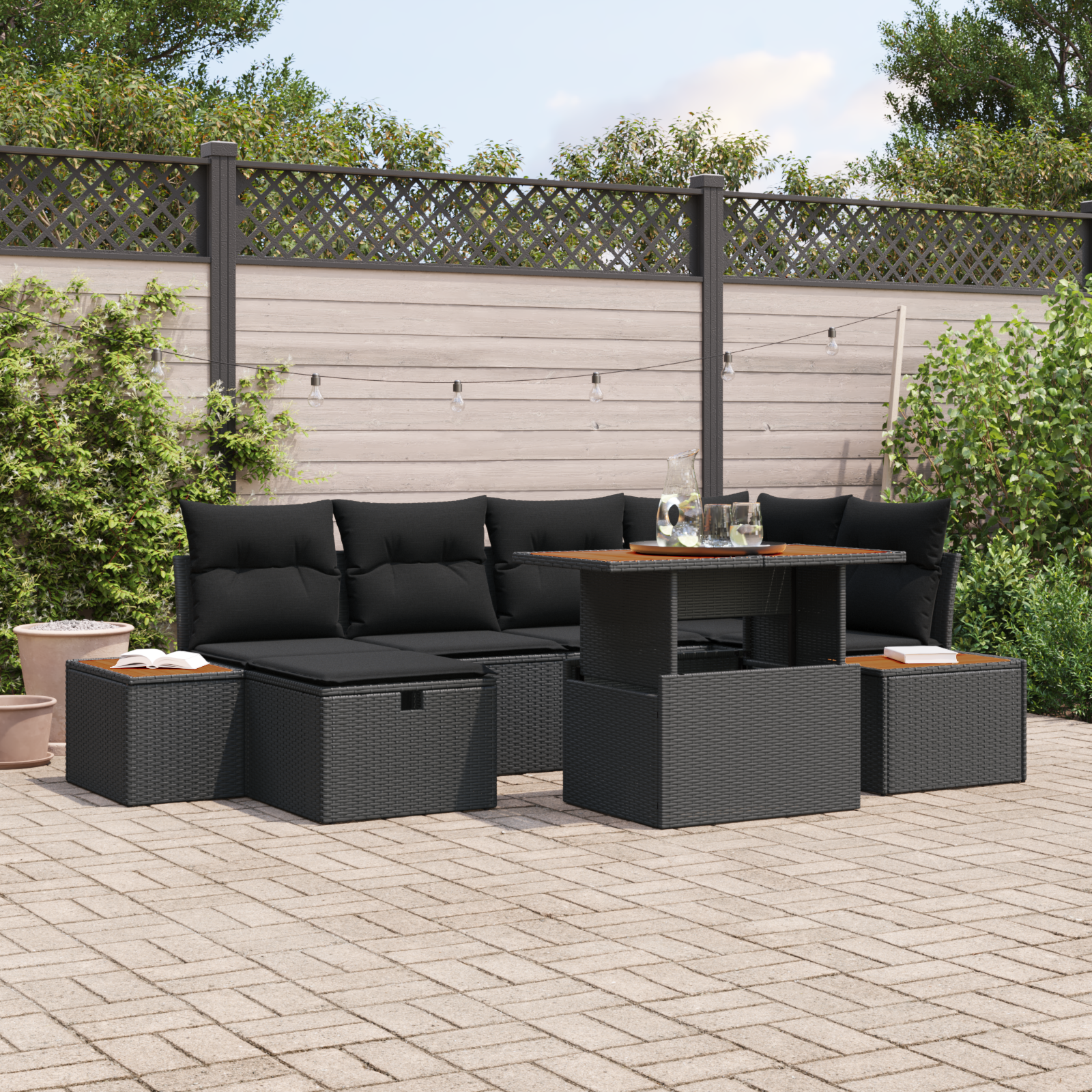 7-Teiliges Garten Sofa Set mit Kissen Schwarz Poly Rattan 7-Teiliges Garten Sofa Set mit Kissen Schwarz Poly Rattan