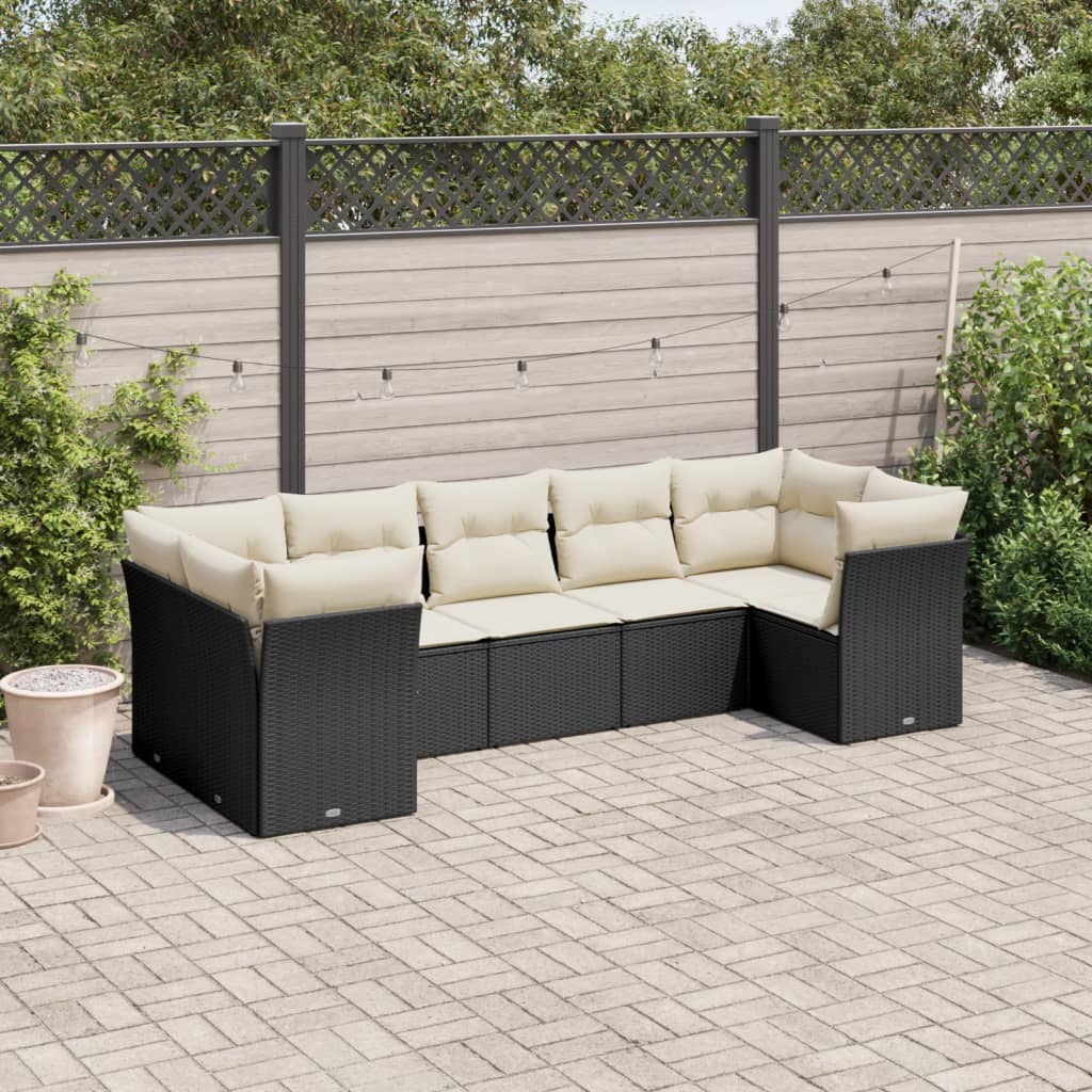 7-tlg. Garten-Sofagarnitur mit Kissen Schwarz Poly Rattan 7-tlg. Garten-Sofagarnitur mit Kissen Schwarz Poly Rattan